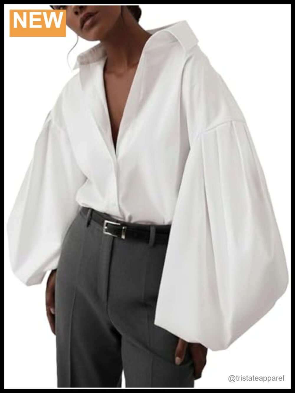 Lapel Collar Button Down Lantern Long Sleeve Blouse Top
